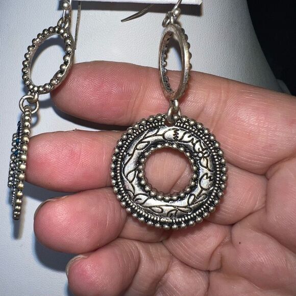 Boho Silver Tone Circle Dangle Earrings with Turquoise Blue Crystals - Picture 8 of 8